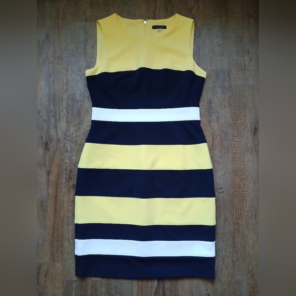 Tommy Hilfiger Sleeveless Yellow & Navy Striped Dress Size 10 - Picture 2 of 6